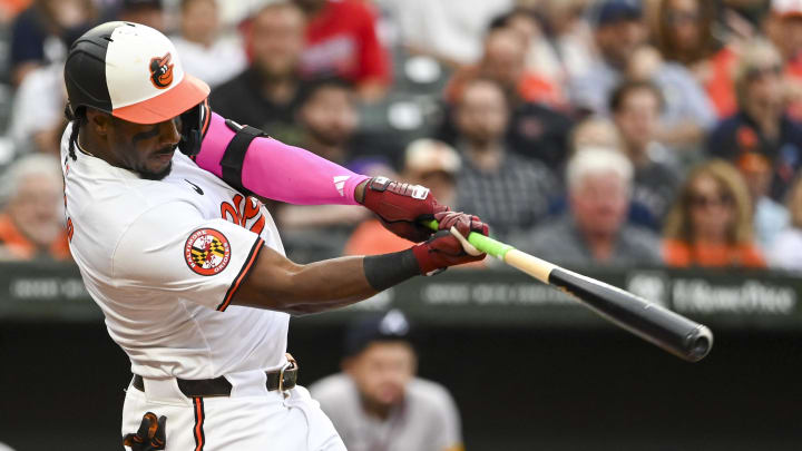 Jun 11, 2024; Baltimore, Maryland, USA; Baltimore Orioles shortstop Jorge Mateo (3) hits a home run.