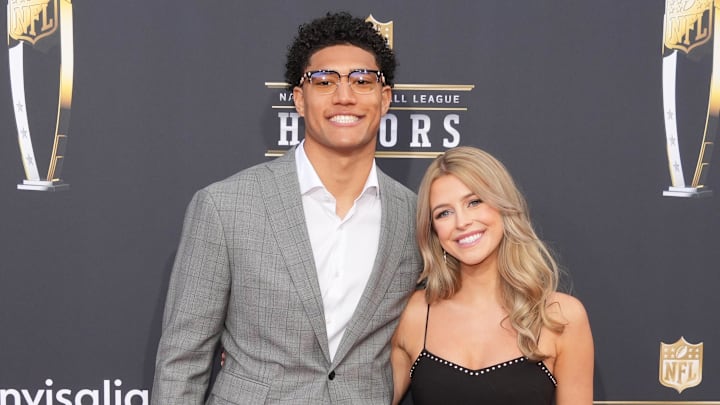 Feb 8, 2024; Las Vegas, NV, USA; Kyle Hamilton and Reese Damm on the red carpet before the NFL Honors show at Resorts World Theatre. Mandatory Credit: Kirby Lee-Imagn Images