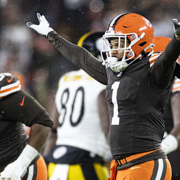 Nov 21, 2024; Cleveland, Ohio, USA; Cleveland Browns safety Juan Thornhill (1) celebrates a missed field goal by the Pittsburgh Steelers during the first quarter at Huntington Bank Field Stadium. Mandatory Credit: Scott Galvin-Imagn Images