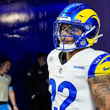 Los Angeles Rams running back Blake Corum (22) takes the field for warm up against Detroit Lions at Ford Field in Detroit on Sunday, September 8, 2024.