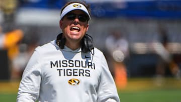 Sept 13, 2025; Columbia, Missouri, USA; Missouri Tigers head coach Eli Drinkwitz yells to his team in the second quarter at Faurot Field.