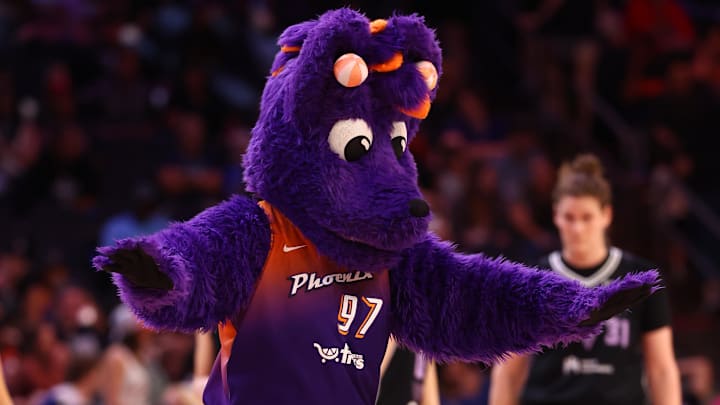 May 11, 2025; Phoenix, AZ, USA; Phoenix Mercury mascot Scorch during a preseason game at PHX Arena. Mandatory Credit: Mark J. Rebilas-Imagn Images May 11, 2025; Phoenix, AZ, USA; Phoenix Mercury mascot Scorch during a preseason game at PHX Arena. Mandatory Credit: Mark J. Rebilas-Imagn Images
