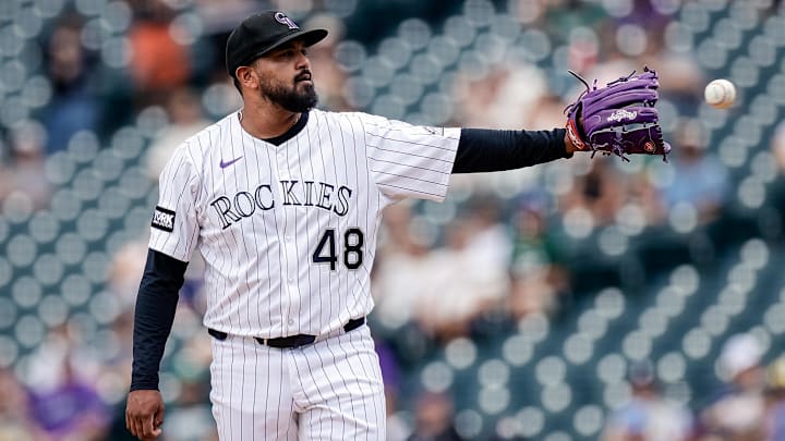 Colorado Rockies starting pitcher German Marquez (48) on the mound in the first inning against the Minnesota Twins at Coors Field. 