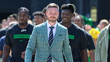 Aug 31, 2024; Eugene, Oregon, USA; Oregon Ducks head coach Dan Lanning leads the team into the stadium before the game against the Idaho Vandals at Autzen Stadium. Mandatory Credit: Craig Strobeck-Imagn Images