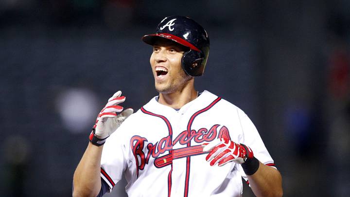 Sep 15, 2015; Atlanta, GA, USA; Atlanta Braves shortstop Andrelton Simmons (19) reacts after hitting a game winning single against the Toronto Blue Jays in the ninth inning at Turner Field. The Braves defeated the Blue Jays 3-2. Mandatory Credit: Brett Davis-Imagn Images
