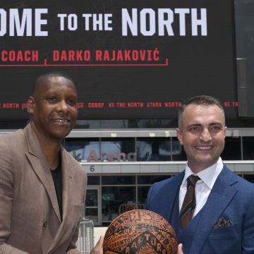 Jun 13, 2023; Toronto, Ontario, Canada;  Toronto Raptors new head coach Darko Rajakovic, right, and team president Masai Ujiri pose for a photo after an introductory media conference at Scotiabank Arena. Mandatory Credit: Dan Hamilton-USA TODAY Sports