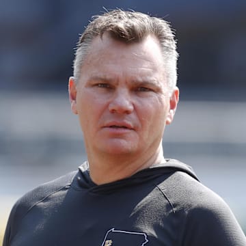 Aug 4, 2024; Pittsburgh, Pennsylvania, USA;  Pittsburgh Pirates general manager Ben Cherington looks on before the game against the Arizona Diamondbacks at PNC Park. Mandatory Credit: Charles LeClaire-Imagn Images