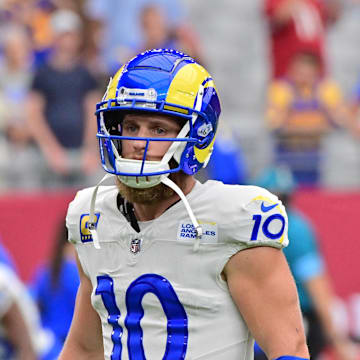 Sep 15, 2024; Glendale, Arizona, USA;  Los Angeles Rams wide receiver Cooper Kupp (10) prior to a game against the Arizona Cardinals at State Farm Stadium. Mandatory Credit: Matt Kartozian-Imagn Images