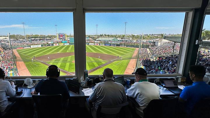 The ABS operator sits in the press box at LECOM Park during a spring training game between the Pittsburgh Pirates and Philadelphia Phillies on Friday, Mar. 7, 2025. Major League Baseball is testing an Automated Ball-Stike (ABS) challenge system at select spring training parks. The system allows players to challenge a limited number of ball/stike calls during a game. Calls can be overturned if the pitch tracking technology shows an umpire got a call wrong.