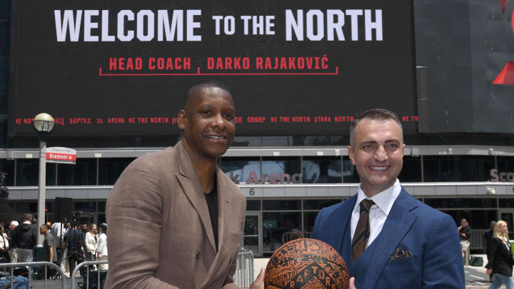 Jun 13, 2023; Toronto, Ontario, Canada;  Toronto Raptors new head coach Darko Rajakovic, right, and team president Masai Ujiri pose for a photo after an introductory media conference at Scotiabank Arena. Mandatory Credit: Dan Hamilton-USA TODAY Sports