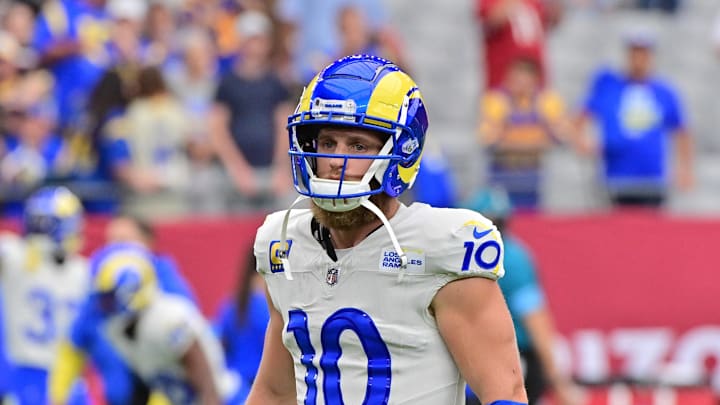 Sep 15, 2024; Glendale, Arizona, USA;  Los Angeles Rams wide receiver Cooper Kupp (10) prior to a game against the Arizona Cardinals at State Farm Stadium. Mandatory Credit: Matt Kartozian-Imagn Images