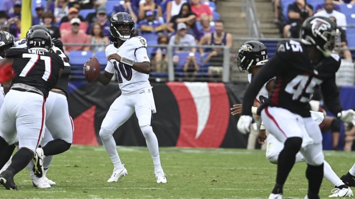 Baltimore Ravens quarterback Emory Jones (10) throws to wide receiver Dayton Wade (18) for a touchdown against the Atlanta Falcons during the second half at M&T Bank Stadium. 