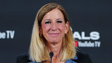 Oct 3, 2025; Las Vegas, Nevada, USA; WNBA Commissioner Cathy Engelbert talks during a presser before the start of game one of the 2025 WNBA Finals between the Phoenix Mercury and the Las Vegas Aces at Michelob Ultra Arena. Mandatory Credit: Stephen R. Sylvanie-Imagn Images