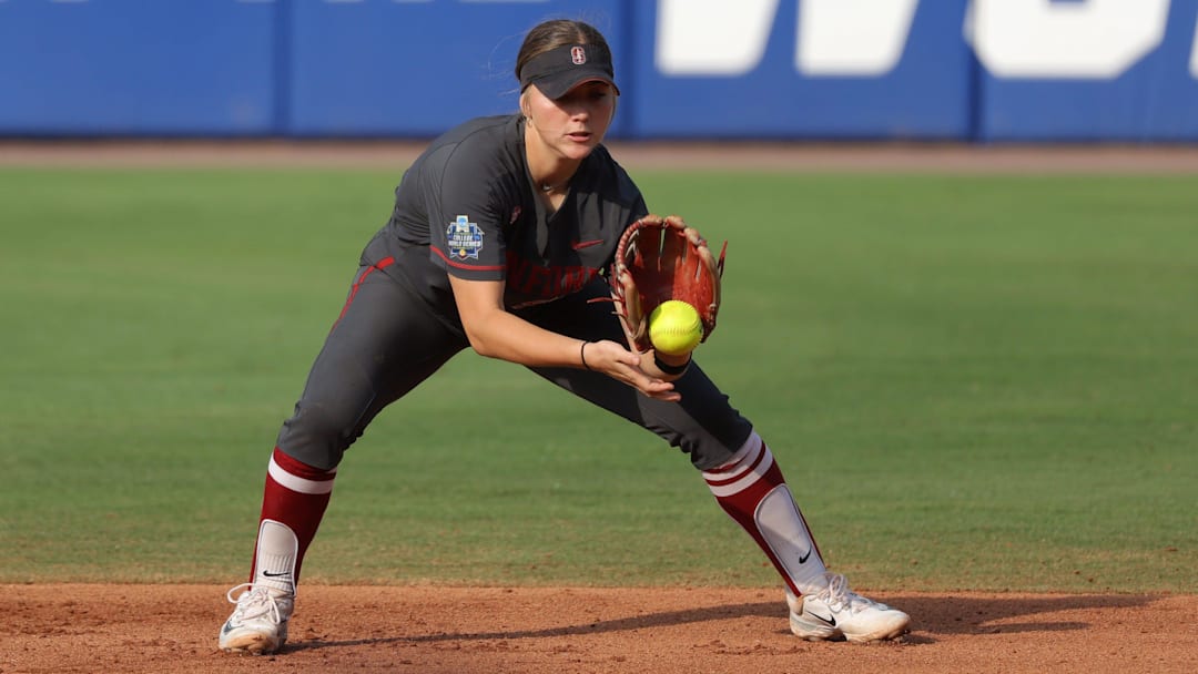 Stanford infielder Taryn Kern (99) fields the ball in the first inning of a Women's College World Series semifinal softball game between the Stanford Cardinal and the Texas Longhorns at Devon Park in Oklahoma City, Monday, June 3, 2024. Texas won 1-0.