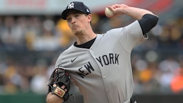 Apr 4, 2025; Pittsburgh, Pennsylvania, USA;  New York Yankees starting pitcher Max Fried (54) delivers a pitch against the Pittsburgh Pirates during the first inning at PNC Park. Mandatory Credit: Charles LeClaire-Imagn Images