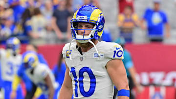 Sep 15, 2024; Glendale, Arizona, USA;  Los Angeles Rams wide receiver Cooper Kupp (10) prior to a game against the Arizona Cardinals at State Farm Stadium. Mandatory Credit: Matt Kartozian-Imagn Images