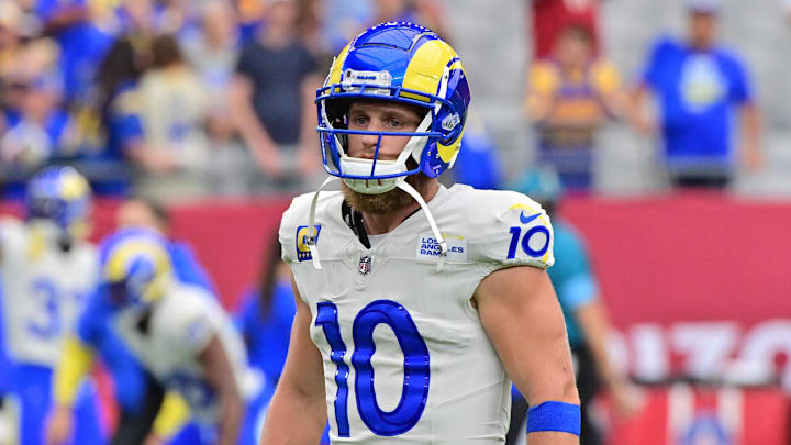 Sep 15, 2024; Glendale, Arizona, USA;  Los Angeles Rams wide receiver Cooper Kupp (10) prior to a game against the Arizona Cardinals at State Farm Stadium. Mandatory Credit: Matt Kartozian-Imagn Images