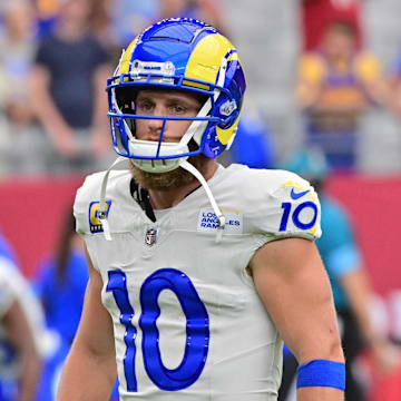 Sep 15, 2024; Glendale, Arizona, USA;  Los Angeles Rams wide receiver Cooper Kupp (10) prior to a game against the Arizona Cardinals at State Farm Stadium. Mandatory Credit: Matt Kartozian-Imagn Images