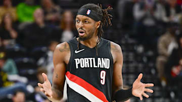 Oct 16, 2025; Salt Lake City, Utah, USA; Portland Trail Blazers forward Jerami Grant (9) questions a call during the second half against the Utah Jazz at Delta Center. Mandatory Credit: Peter Creveling-Imagn Images