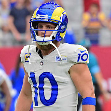 Sep 15, 2024; Glendale, Arizona, USA;  Los Angeles Rams wide receiver Cooper Kupp (10) prior to a game against the Arizona Cardinals at State Farm Stadium. Mandatory Credit: Matt Kartozian-Imagn Images