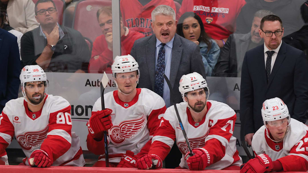 Jan 16, 2025; Sunrise, Florida, USA; Detroit Red Wings head coach Todd McLellan reacts from the bench against the Florida Panthers during the second period at Amerant Bank Arena. Mandatory Credit: Sam Navarro-Imagn Images