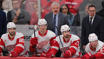 Jan 16, 2025; Sunrise, Florida, USA; Detroit Red Wings head coach Todd McLellan reacts from the bench against the Florida Panthers during the second period at Amerant Bank Arena. Mandatory Credit: Sam Navarro-Imagn Images