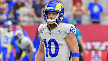 Sep 15, 2024; Glendale, Arizona, USA;  Los Angeles Rams wide receiver Cooper Kupp (10) prior to a game against the Arizona Cardinals at State Farm Stadium. Mandatory Credit: Matt Kartozian-Imagn Images
