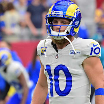 Sep 15, 2024; Glendale, Arizona, USA;  Los Angeles Rams wide receiver Cooper Kupp (10) prior to a game against the Arizona Cardinals at State Farm Stadium. Mandatory Credit: Matt Kartozian-Imagn Images