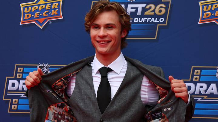 Jun 26, 2026; Buffalo, New York, USA; NHL prospect Gavin McKenna before the first round of the 2026 NHL Draft at KeyBank Center. Mandatory Credit: Timothy T. Ludwig-Imagn Images