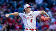 May 23, 2024; Charlotte, NC, USA; NC State Wolfpack pitcher Jacob Dudan (41) throws in the fifth inning against the Duke Blue Devils during the ACC Baseball Tournament at Truist Field. Mandatory Credit: Scott Kinser-Imagn Images
