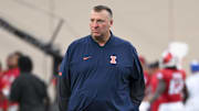 Sep 20, 2025; Bloomington, Indiana, USA; Illinois Fighting Illini head coach Bret Bielema walks onto the field prior to the game against the Indiana Hoosiers at Memorial Stadium. Mandatory Credit: Robert Goddin-Imagn Images