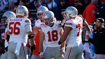 Ohio State Buckeyes quarterback Will Howard (18) reacts after running for a first down late in the second half of the NCAA football game against the Penn State Nittany Lions at Beaver Stadium in University Park, Pa. on Saturday, Nov. 2, 2024. Ohio State won 20-13.