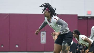 Florida State football players Patrick Payton (11) and Marvin Jones Jr. (7) take part in the final Tour of Duty winter workouts ahead of 2024 spring practices on Thursday, March 7, 2024.