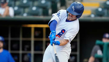Oklahoma City's Dalton Rushing (21) flies out during a baseball game between the Oklahoma City Baseball Club and the Round Rock Express at the Chickasaw Bricktown Ballpark in Oklahoma City, Wednesday, Aug. 7, 2024.