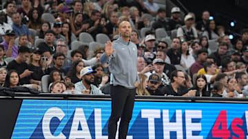 Oct 26, 2025; San Antonio, Texas, USA; Brooklyn Nets head coach Jordi Fernandez motions in the first half against the San Antonio Spurs at Frost Bank Center. Mandatory Credit: Daniel Dunn-Imagn Images