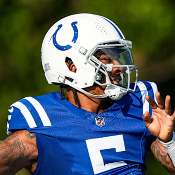 Indianapolis Colts quarterback Anthony Richardson (5) throws a pass Wednesday, Aug. 14, 2024, during a joint practice with the Arizona Cardinals at Grand Park Sports Campus in Westfield, IN.