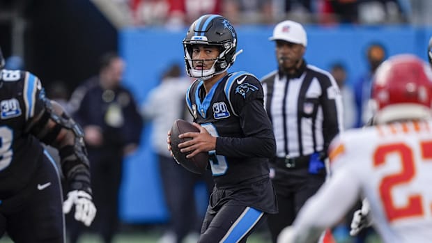 Carolina Panthers quarterback Bryce Young (9) drops back to pass against the Kansas City Chiefs.