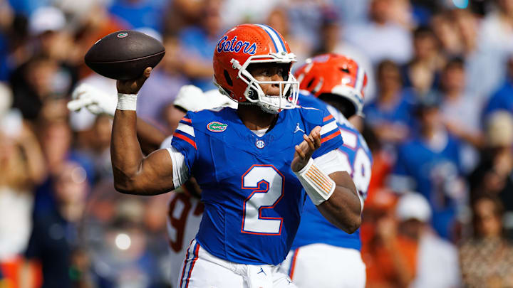 Oct 4, 2025; Gainesville, Florida, USA; Florida Gators quarterback DJ Lagway (2) throws the ball against the Texas Longhorns during the first half at Ben Hill Griffin Stadium. Mandatory Credit: Matt Pendleton-Imagn Images