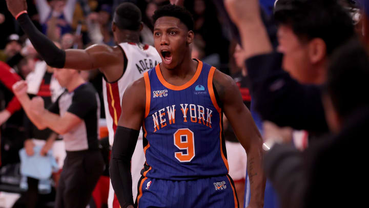 Nov 24, 2023; New York, New York, USA; New York Knicks guard RJ Barrett (9) reacts during the fourth quarter against the Miami Heat at Madison Square Garden. Mandatory Credit: Brad Penner-USA TODAY Sports