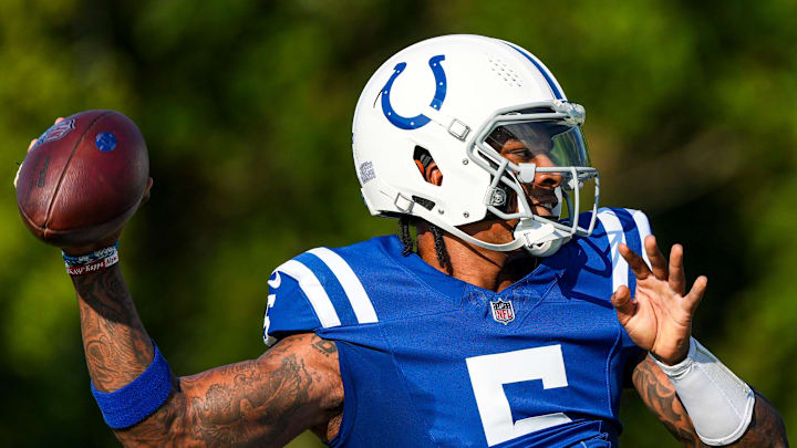 Indianapolis Colts quarterback Anthony Richardson (5) throws a pass Wednesday, Aug. 14, 2024, during a joint practice with the Arizona Cardinals at Grand Park Sports Campus in Westfield, IN.