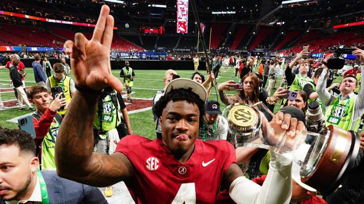 Dec 2, 2023; Atlanta, GA, USA; Alabama Crimson Tide quarterback Jalen Milroe (4) leaves the field after defeating the Georgia Bulldogs in the SEC Championship at Mercedes-Benz Stadium. Mandatory Credit: John David Mercer-USA TODAY Sports