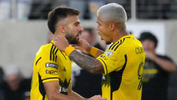 August 21, 2024; Columbus, Ohio, USA; 
Columbus Crew forward Diego Rossi (10) celebrates with Columbus Crew forward Cucho Hernandez (9) after Rossi’s second goal against the Philadelphia Union during a semifinal Leagues Cup match at Lower.com Field on Wednesday.