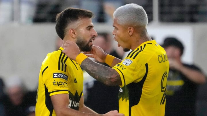 August 21, 2024; Columbus, Ohio, USA; 
Columbus Crew forward Diego Rossi (10) celebrates with Columbus Crew forward Cucho Hernandez (9) after Rossi’s second goal against the Philadelphia Union during a semifinal Leagues Cup match at Lower.com Field on Wednesday.