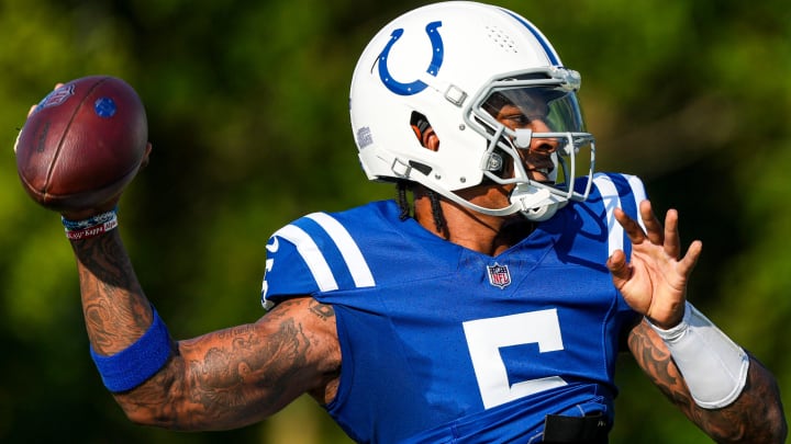 Indianapolis Colts quarterback Anthony Richardson (5) throws a pass Wednesday, Aug. 14, 2024, during a joint practice with the Arizona Cardinals at Grand Park Sports Campus in Westfield, IN.