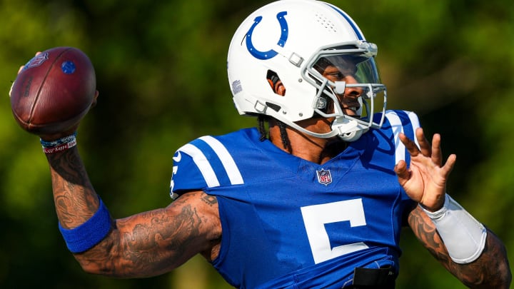 Indianapolis Colts quarterback Anthony Richardson (5) throws a pass Wednesday, Aug. 14, 2024, during a joint practice with the Arizona Cardinals at Grand Park Sports Campus in Westfield, IN.