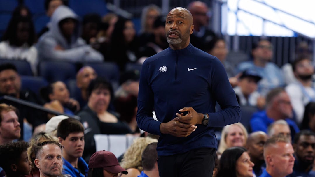 Oct 12, 2025; Orlando, Florida, USA; Orlando Magic Head Coach Jamahl Mosley looks on against the Miami Heat during the first half at Kia Center. Mandatory Credit: Matt Pendleton-Imagn Images Oct 12, 2025; Orlando, Florida, USA; Orlando Magic Head Coach Jamahl Mosley looks on against the Miami Heat during the first half at Kia Center. Mandatory Credit: Matt Pendleton-Imagn Images