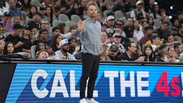 Oct 26, 2025; San Antonio, Texas, USA; Brooklyn Nets head coach Jordi Fernandez motions in the first half against the San Antonio Spurs at Frost Bank Center. Mandatory Credit: Daniel Dunn-Imagn Images