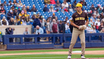 Mar 7, 2025; Phoenix, Arizona, USA; San Diego Padres pitcher Kyle Hart (68) on the mound in the second inning of a spring training game against the San Diego Padres at American Family Fields of Phoenix. Mandatory Credit: Allan Henry-Imagn Images