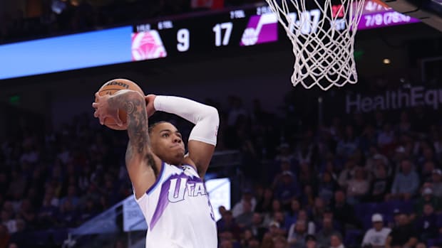 Oct 22, 2025; Salt Lake City, Utah, USA; Utah Jazz guard Keyonte George (3) dunks against the Los Angeles Clippers during the