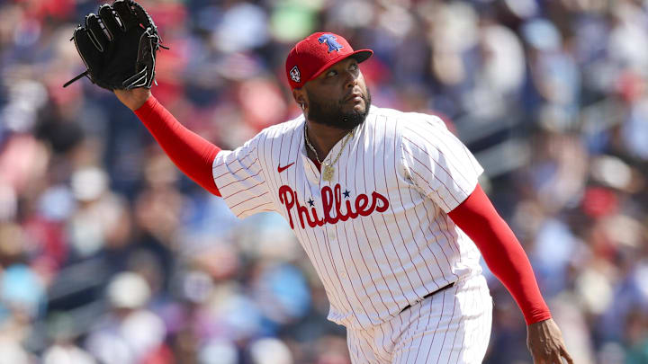 Mar 14, 2024; Clearwater, Florida, USA;  Philadelphia Phillies relief pitcher José Alvarado (46) throws a pitch against the Boston Red Sox in the fifth inning at BayCare Ballpark.